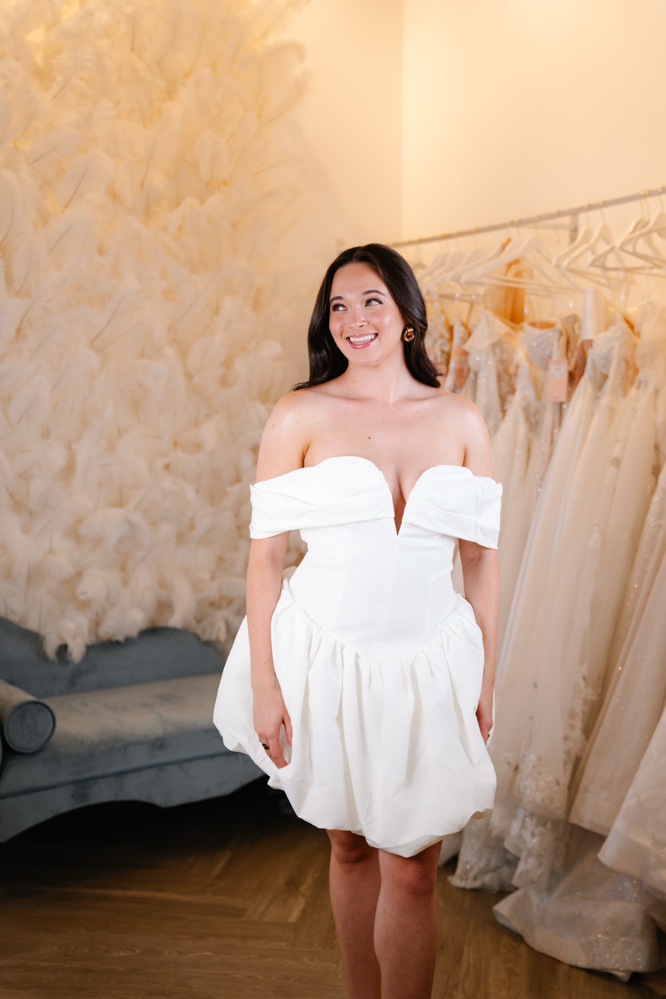 Serene Off the Shoulder Bubble Skirt Mini Dress
